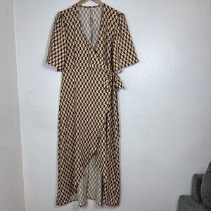 Silk And Salt Retro Geometric Wrap Dress Women's Medium Brown Pink Journey Maxi